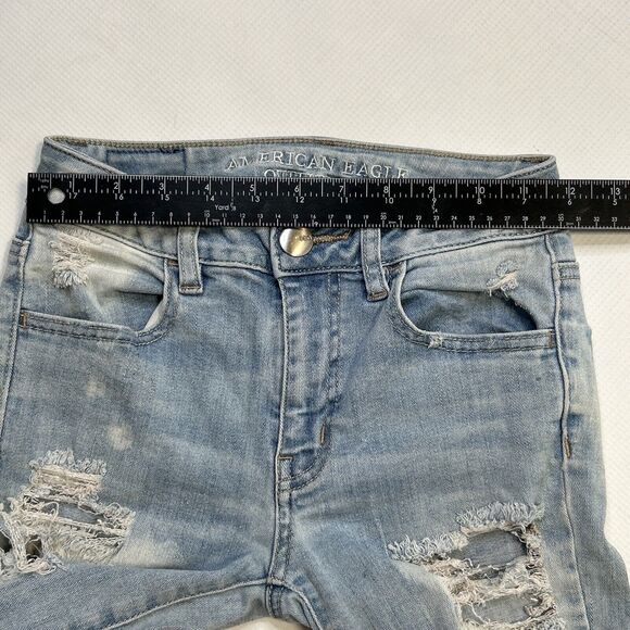 American Eagle 00 Hi Rise Jegging 360 Super Stretch Destroyed Denim Jeans 23x28 - Picture 8 of 16
